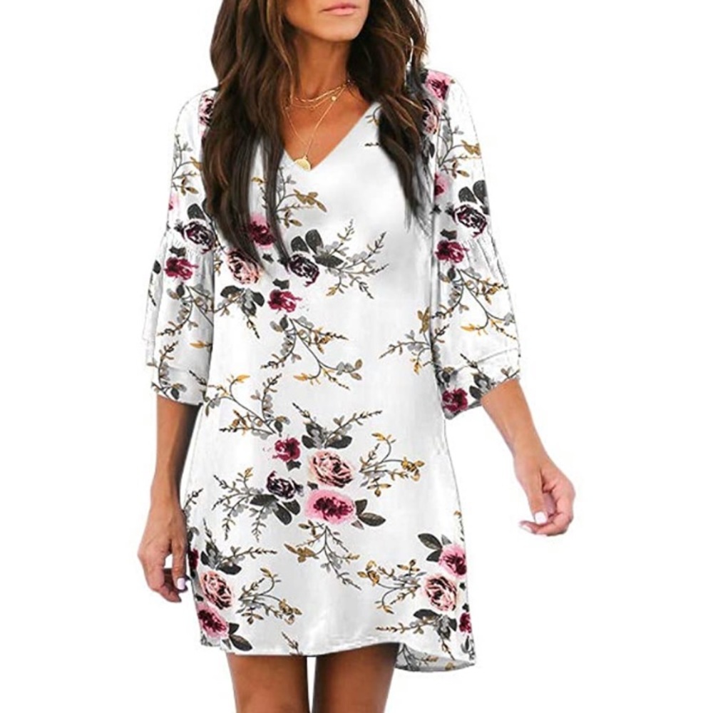 White Floral Vneck Bell Sleeve Shift Dress